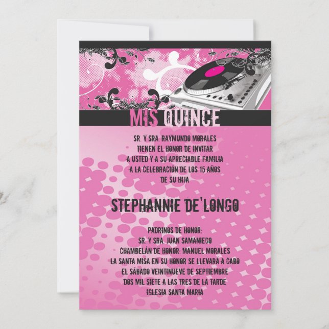 5x7 Pink DJ Spin Turntable Quinceanera Invitation (Front)