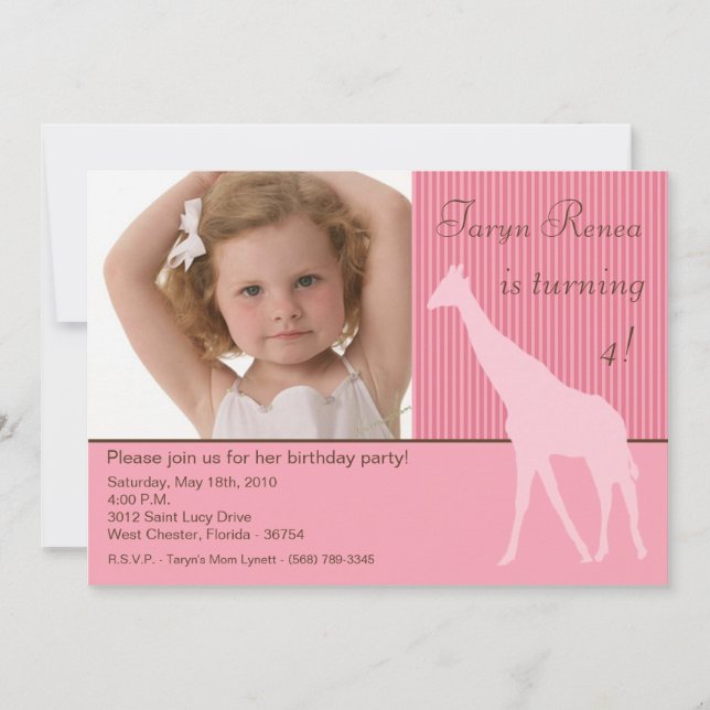 5x7 Pink Giraffe Photo Birthday Party Invitation (Front)