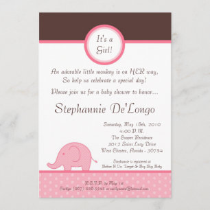 5x7 Pink Girl Mod Elephant Baby Shower Invitation