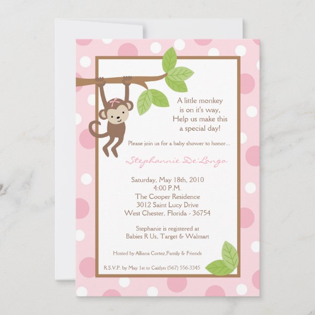 5x7 Pink Girl Monkey Jungle Baby Shower Invitation (Front)