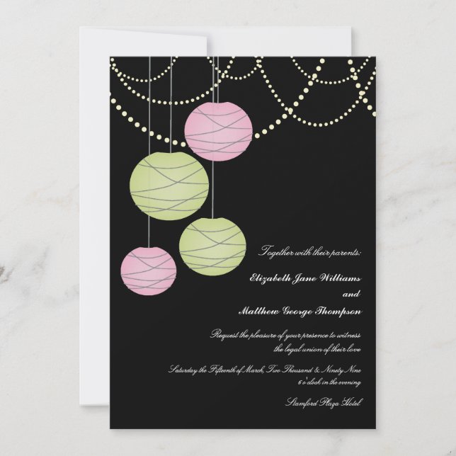 5x7 Pink & Green Paper Lanterns Wedding Invite (Front)
