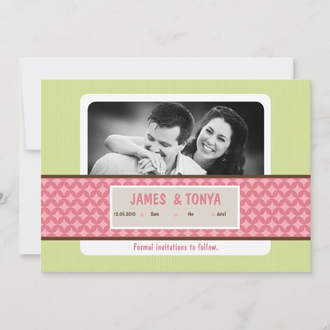 5x7 Pink Green Photo Save the Date Announcement (Front)