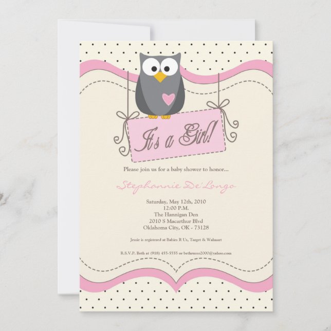 5x7 Pink Hoot Owl Woodland Baby Shower Invitation (Front)