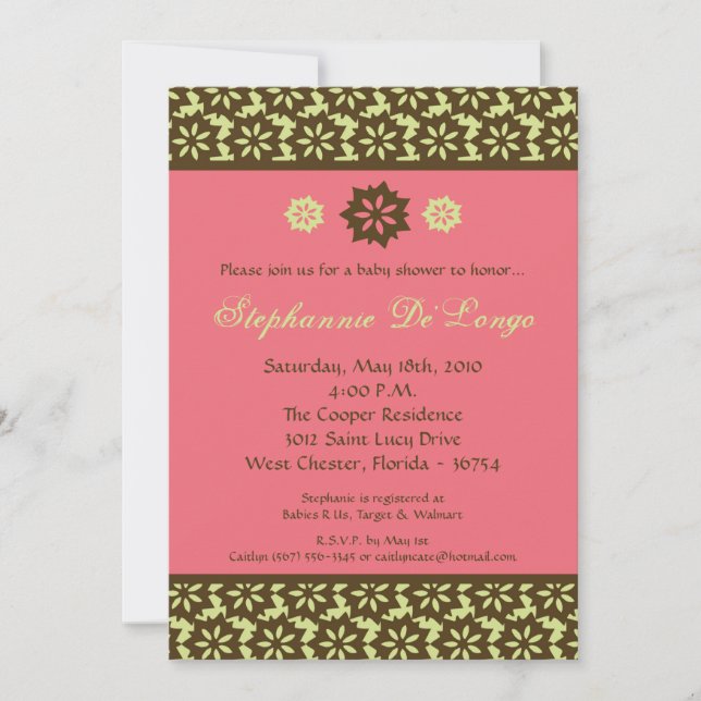 5x7 Pink Lime Damask Baby Shower Invitation (Front)