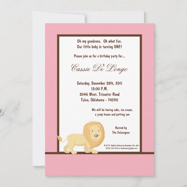 5x7 Pink Lion Birthday Party Invite (Front)