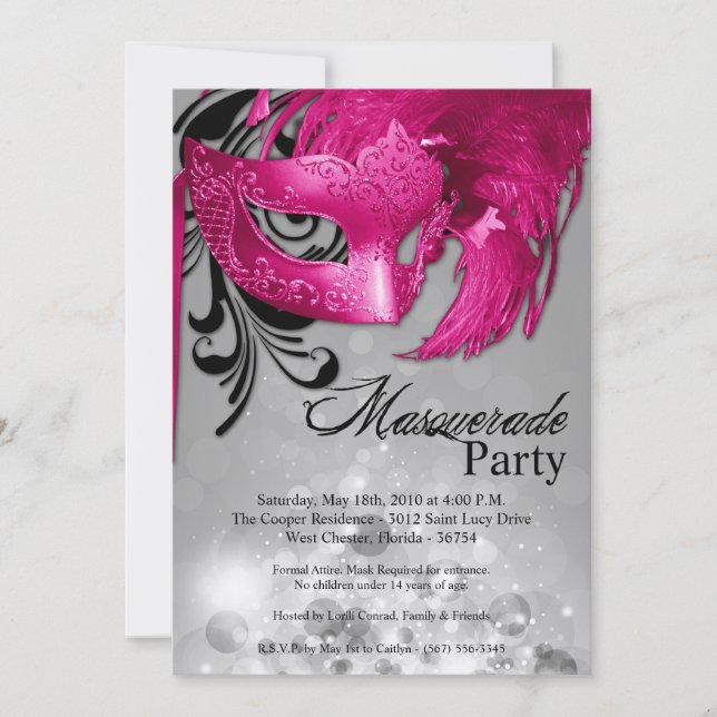 5x7 Pink Masquerade Sweet 16 Birthday Invitation (Front)