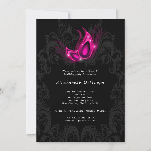5x7 Pink Masquerade Sweet 16 Birthday Invitation (Front)