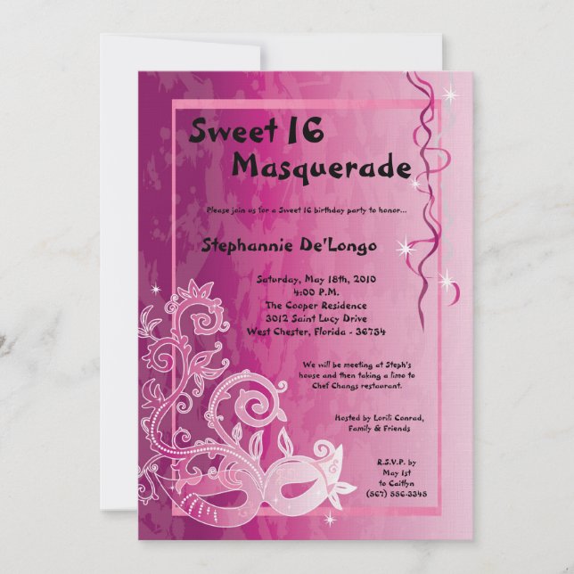 5x7 Pink Masquerade Sweet 16 Birthday Invitation (Front)