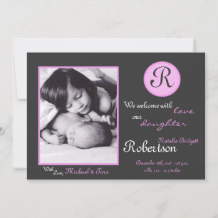 5x7 Pink Monogram Initial Photo Birth Announcement
