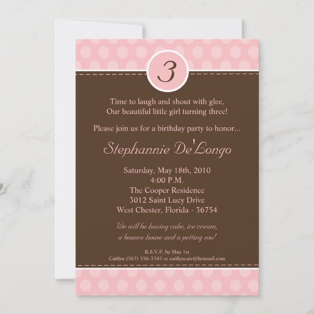 5x7 Pink Monogram Polka Dot Birthday Invitation (Front)