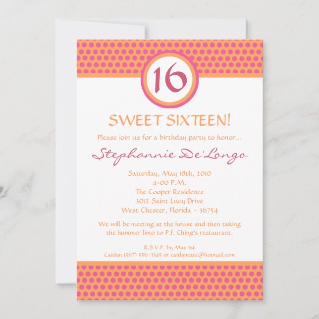 5x7 Pink & Orange Polka Dot 16 Birthday Invitation (Front)
