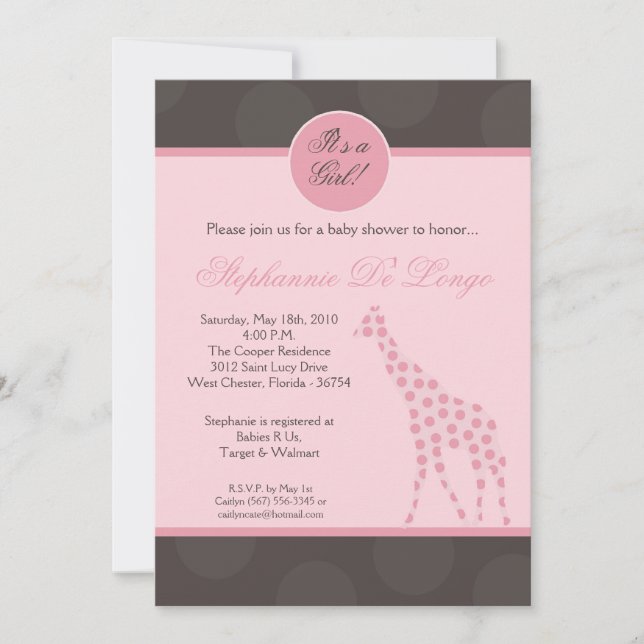 5x7 Pink Polka Dot Giraffe Baby Shower Invitation (Front)
