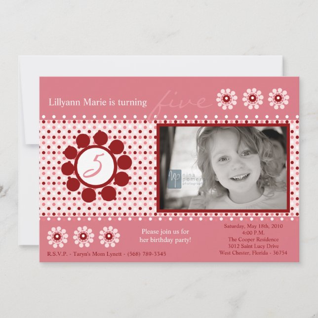 5x7 Pink Polka Dot Photo Birthday Party Invitation (Front)