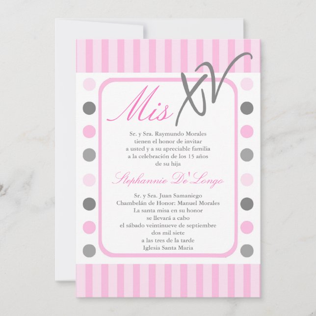 5x7 Pink Polka Dot Quinceanera Party Invitation (Front)