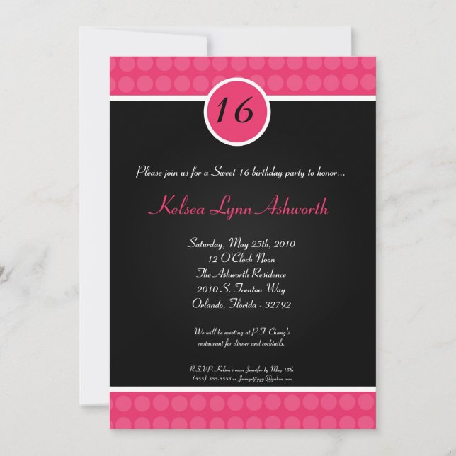 5x7 Pink Polka Dot Sweet 16 Birthday Invitation (Front)