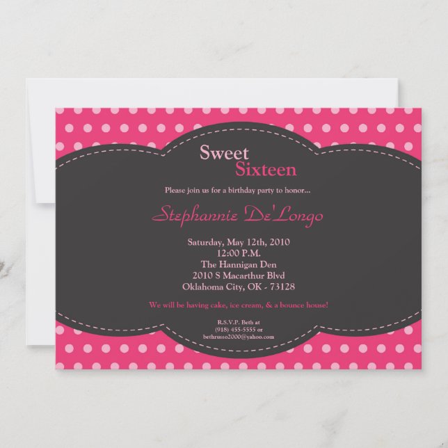 5x7 Pink Polkadot Sweet 16 Birthday Invitation (Front)