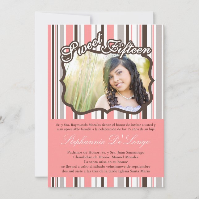 5x7 Pink Stripe PHOTO Quinceanera Party Invitation (Front)