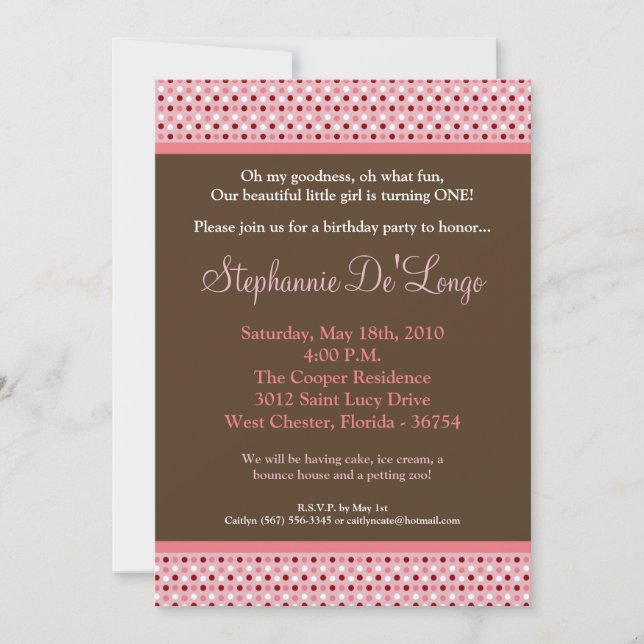 5x7 Pink Sweetheat PolkaDot Birthday Invitation (Front)