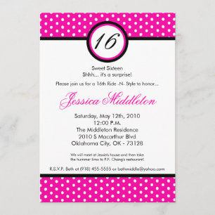 5x7 Pink White Polka Dot 16th Birthday Invitation
