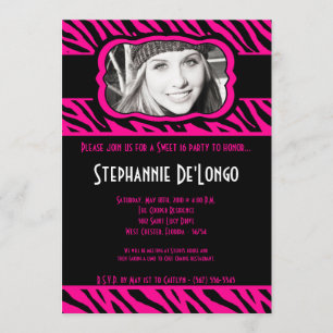 5x7 Pink Zebra PHOTO Sweet 16 Birthday Invitation