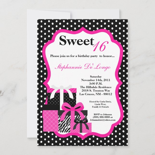 5x7 Pink Zebra Presents Birthday Party Invitation (Front)