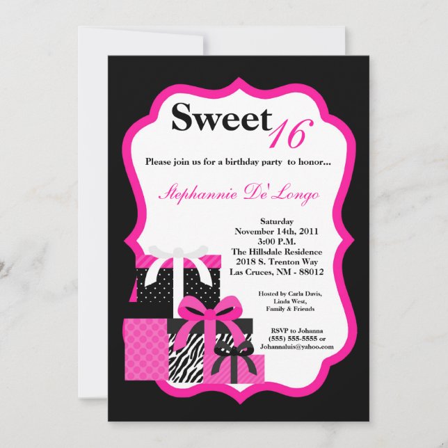5x7 Pink Zebra Presents Birthday Party Invitation (Front)