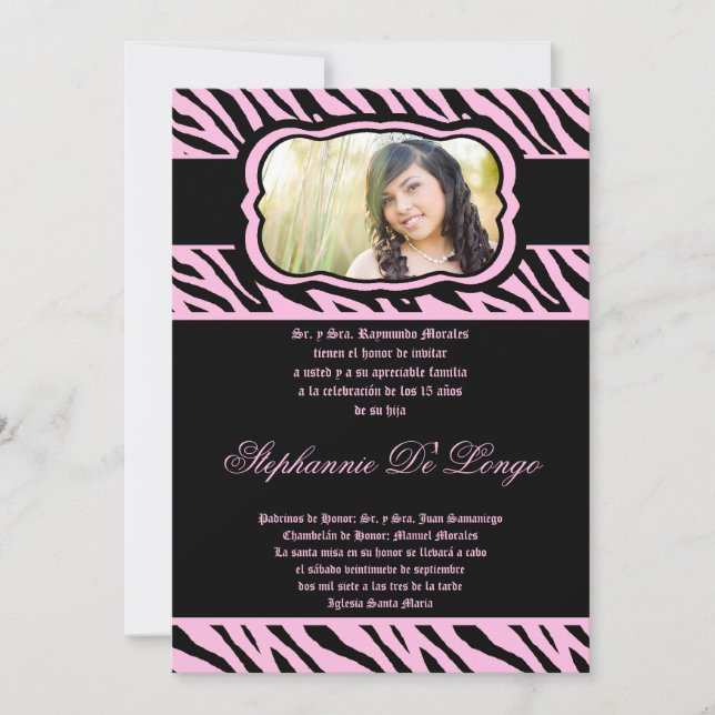 5x7 Pink Zebra Print Quinceanera Invitation (Front)
