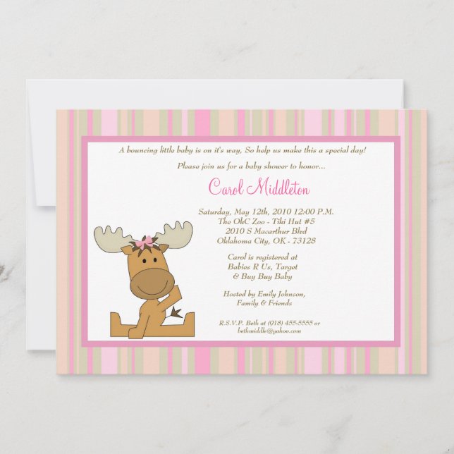 5x7 PinkGirl Woodland Moose Baby Shower Invitation (Front)