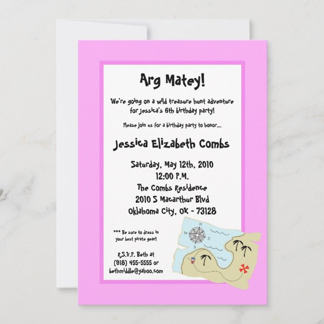 5x7 Pirate Treasure Hunt Birthday Party Invitation (Front)