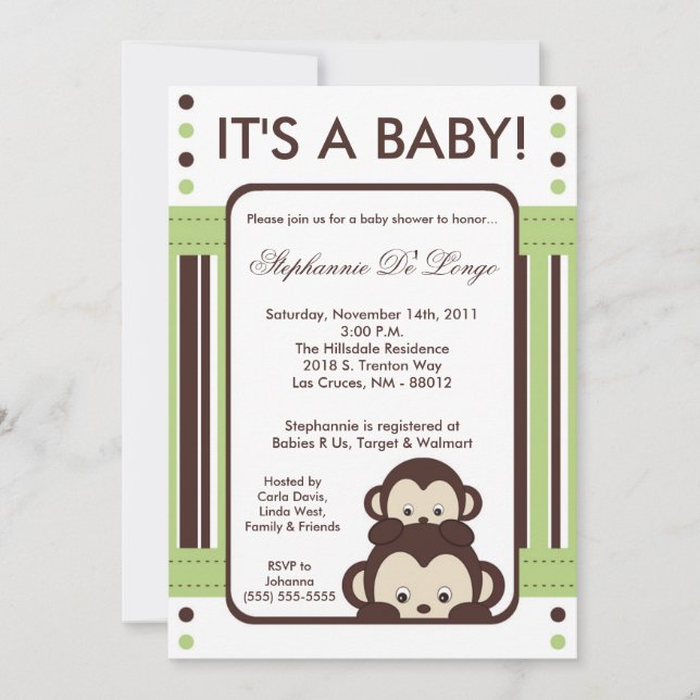 5x7 Pop Monkey Neutral Jung Baby Shower Invitation (Front)