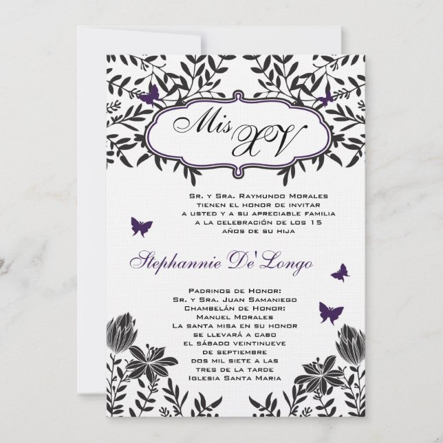 5x7 Purp Butterfly Quinceanera Birthday Invitation (Front)