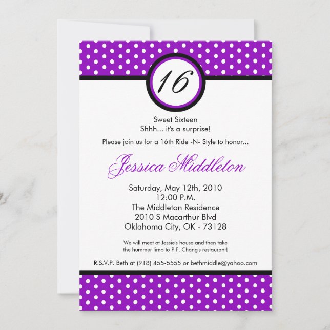 5x7 Purpl White Polka Dot 16th Birthday Invitation (Front)