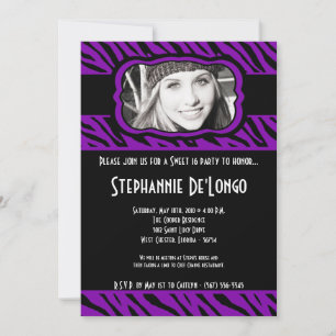 5x7 Purpl Zebra PHOTO Sweet 16 Birthday Invitation