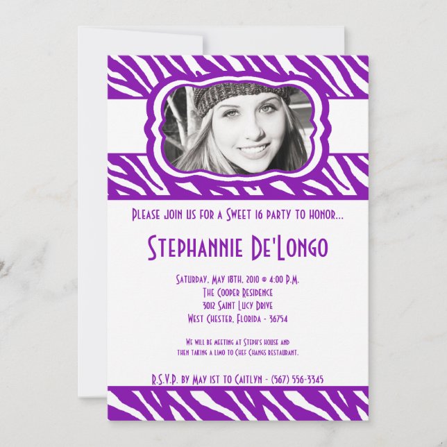 5x7 Purpl Zebra PHOTO Sweet 16 Birthday Invitation (Front)