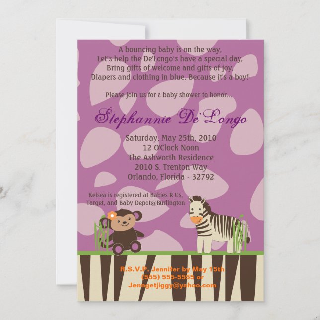 5x7 Purple Animal Baby Shower Invitation (Front)