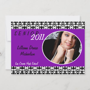 5x7 Purple Damask Photo Senior Announcement