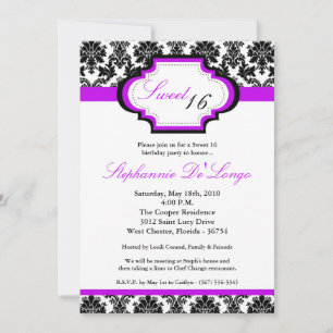5x7 Purple Damask Sweet 16 Birthday Invitation