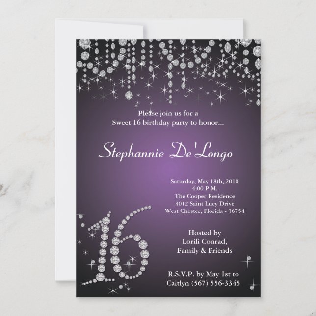 5x7 Purple Diamond Sweet 16 Birthday Invitation (Front)