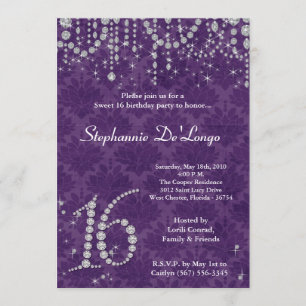 5x7 Purple Diamond Sweet 16 Birthday Invitation