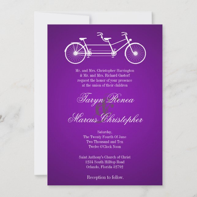 5x7 Purple Double Bike Linen Wedding Invitation (Front)