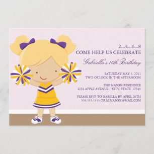 5x7 Purple/Gold Cheerleader Birthday Party Invite