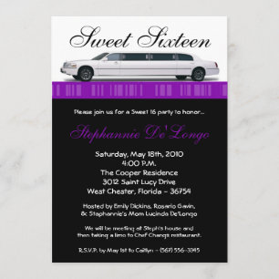 5x7 Purple Limo Sweet 16 Birthday Invitation
