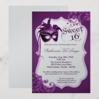 5x7 Purple Masquerade Mask 16 Birthday Invitation