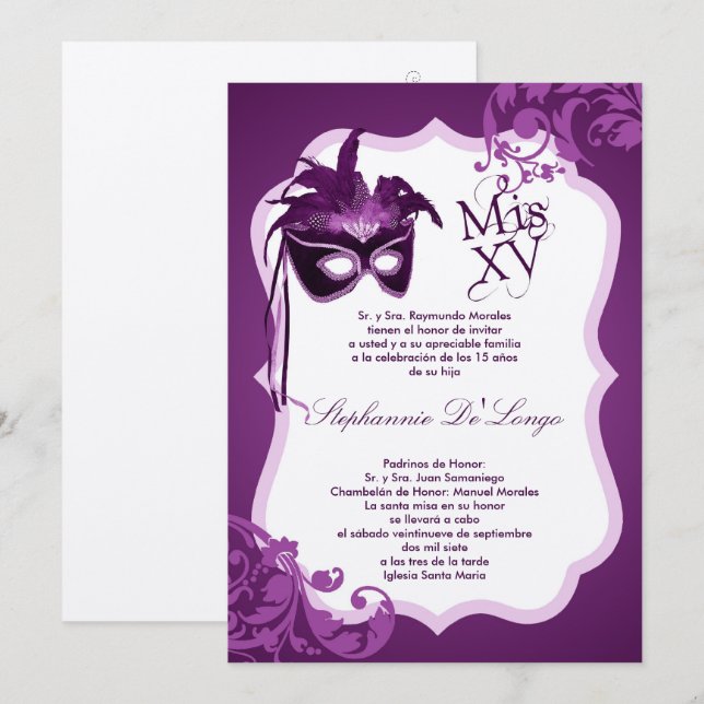 5x7 Purple Masquerade Mask Quinceanera Invitation (Front/Back)