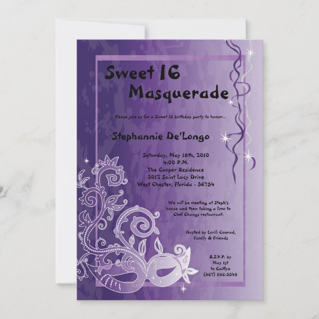 5x7 Purple Masquerade Sweet 16 Birthday Invitation (Front)