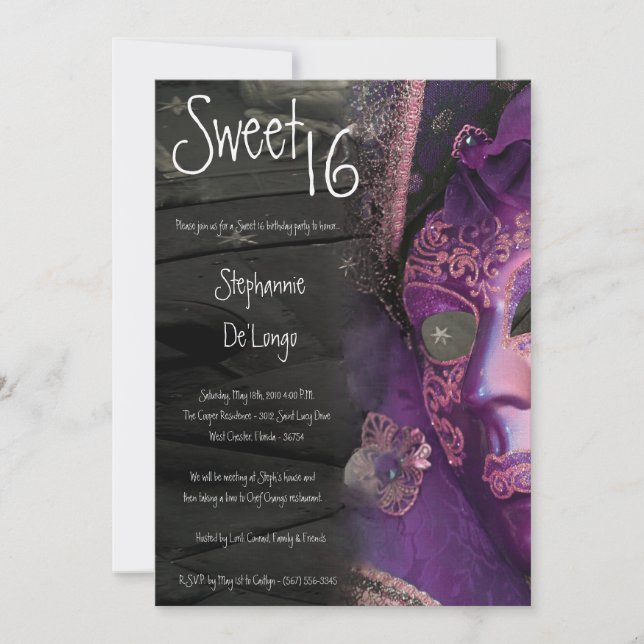 5x7 Purple Masquerade Sweet 16 Birthday Invitation (Front)