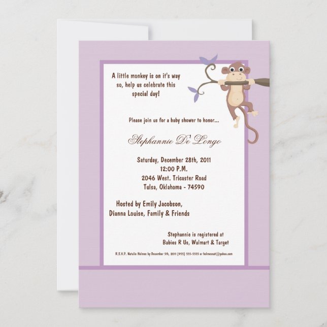 5x7 Purple Monkey Baby Shower Invitation (Front)