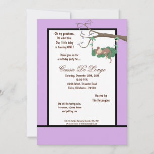 5x7 Purple Monkey Birthday Party Invite