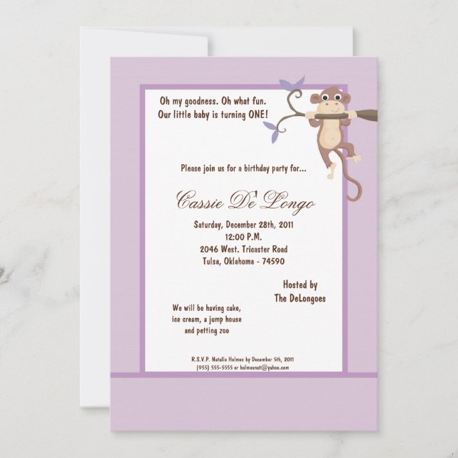 5x7 Purple Monkey Birthday Party Invite (Front)