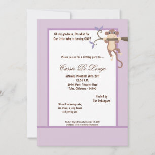 5x7 Purple Monkey Birthday Party Invite